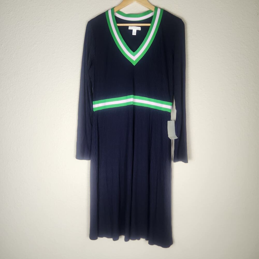 NWT 1901 Striped Trim Navy Blue Long Sleeve Knee Length Sweater Dress, Large - Picture 2 of 6